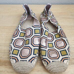 Tory Burch Womens Sequin Espadrille Flat Shoes Slip-On Geometric Beige Size 8.5